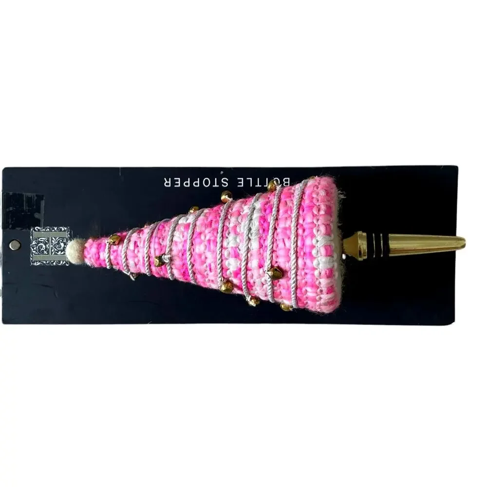 Pink Christmas Tree Bottle Stopper Embellished Holiday Glam Gold Bells New